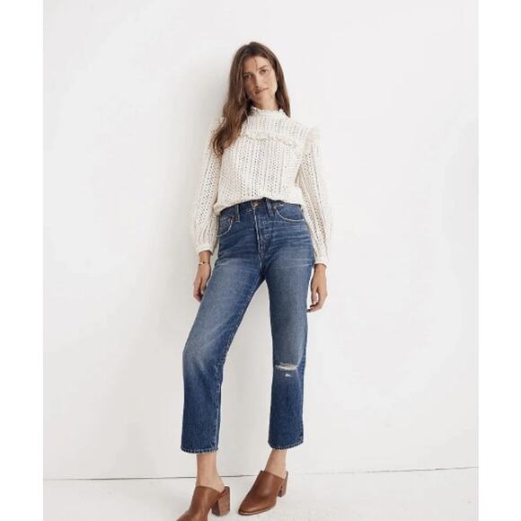 Madewell Knee Rip Classic‎ Straight Jeans Jade Wash Size 33 - Picture 1 of 12
